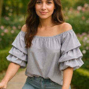 Harve Benard Off-Shoulder Ruffle Sleeve Blouse - Blue & White